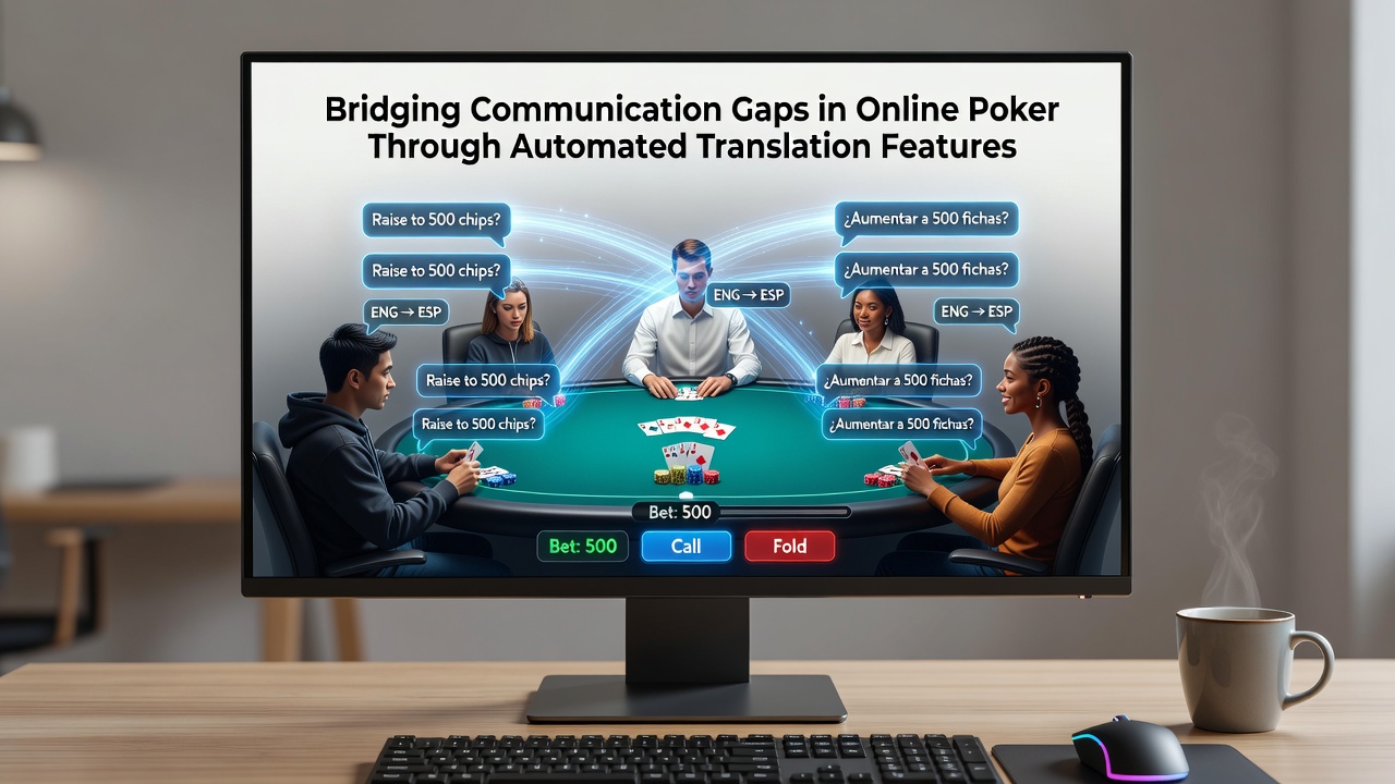 Diverse group of online poker players engaging via translated chat on a global tournament screen