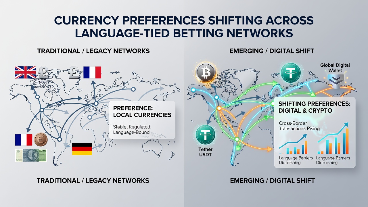 Infographic displaying currency preference statistics across different language groups in betting networks