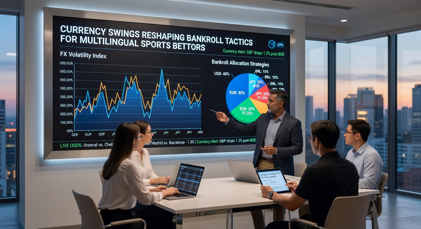 Multilingual bettor reviewing exchange rates and betting odds on a laptop screen