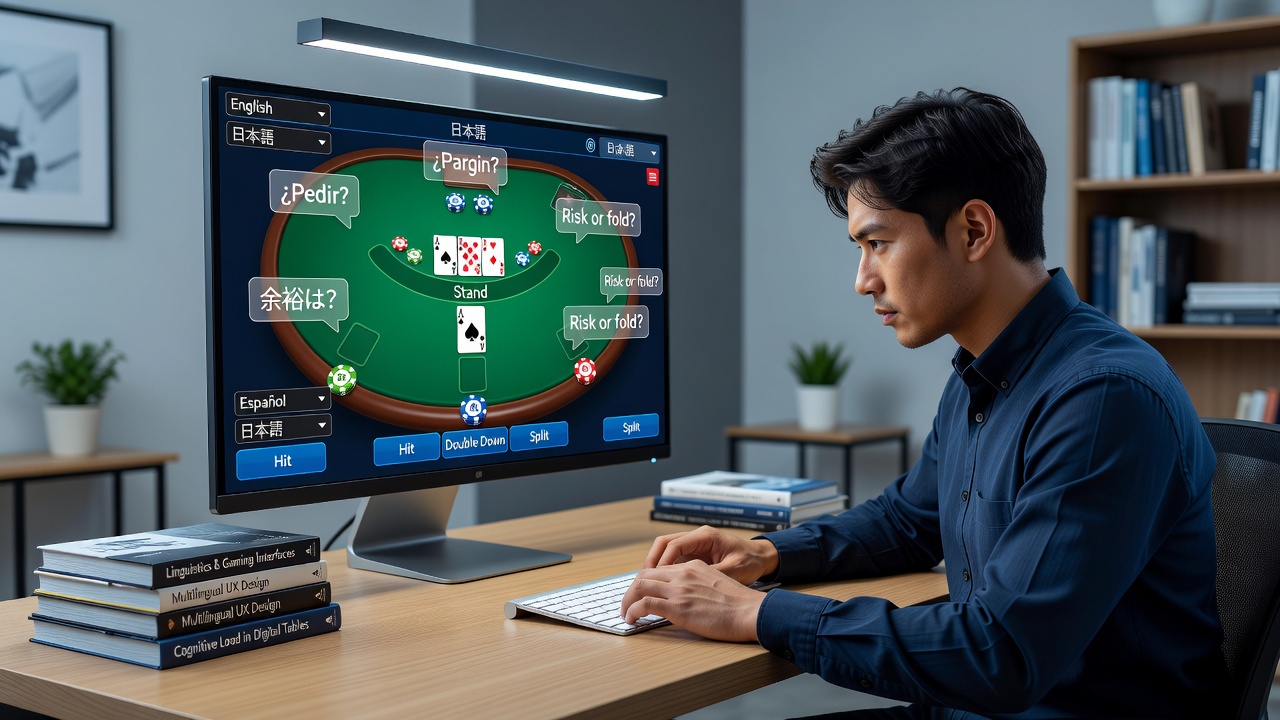 Close-up view of a multilingual blackjack decision panel showing translated strategy prompts