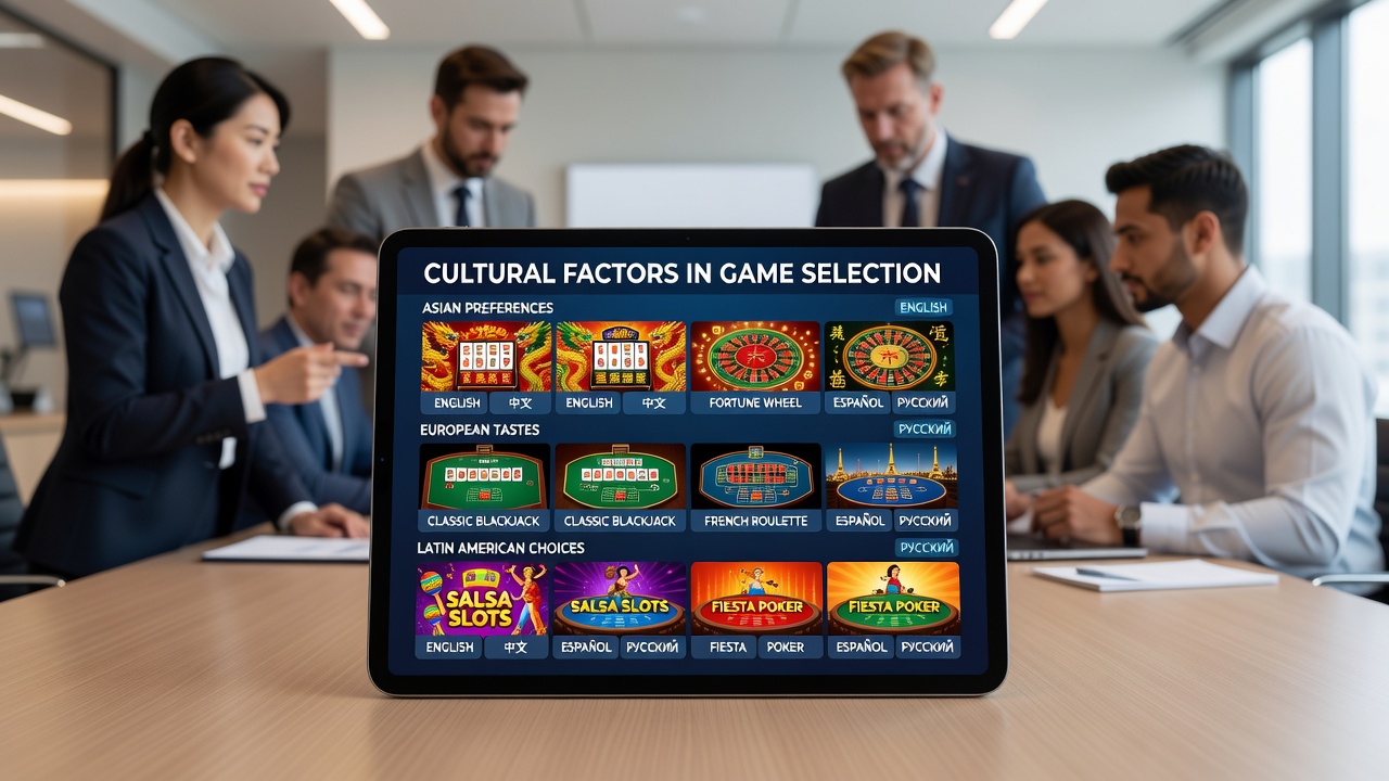 Multilingual casino dashboard displaying culturally themed slot games and table options