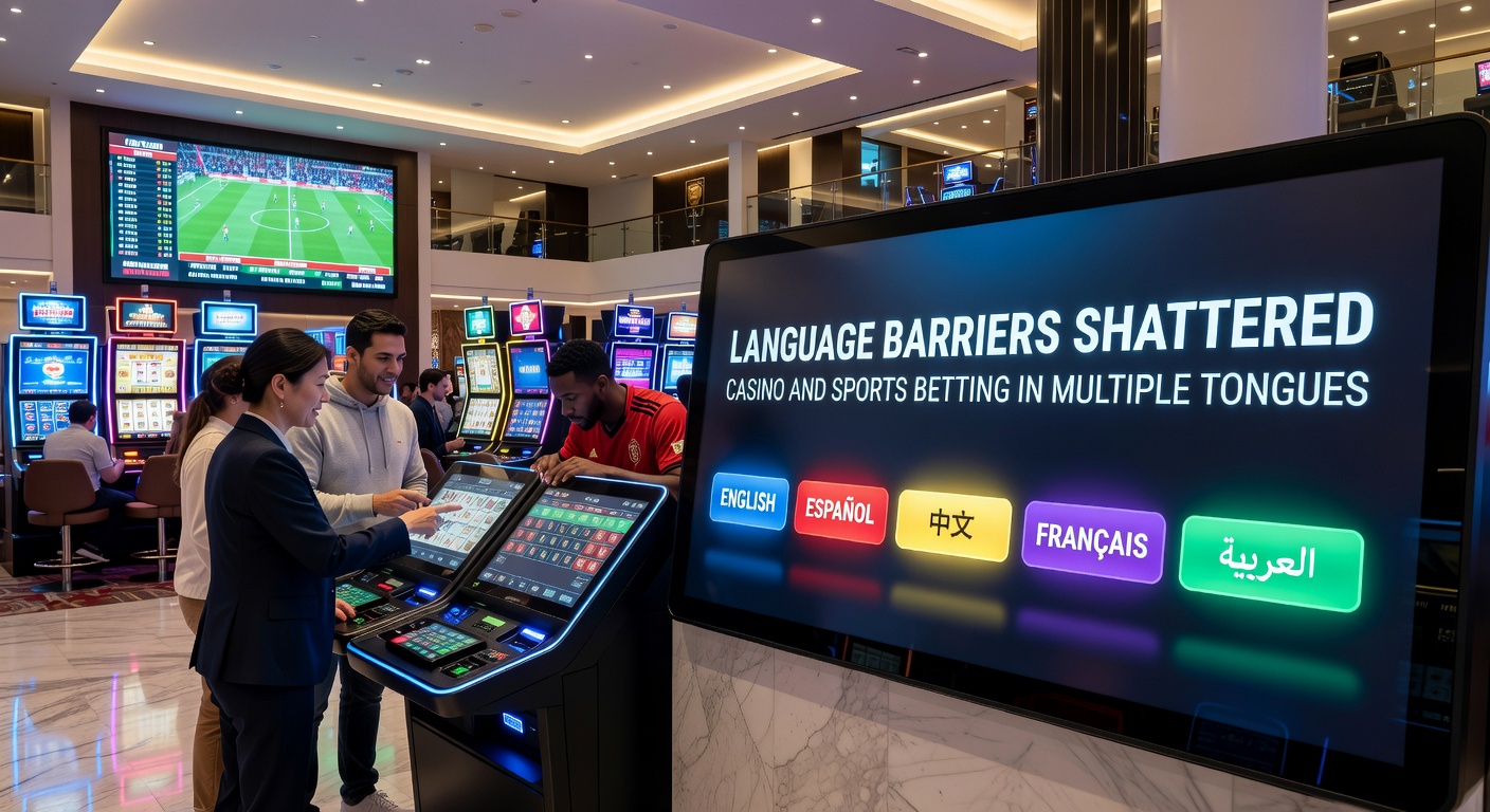 Diverse group of international players interacting with a multilingual sports betting app, displaying odds in Spanish, Arabic, and Hindi simultaneously