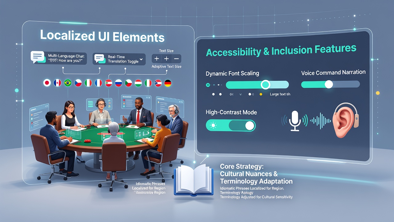 Player using localized virtual table game on mobile device with accessible language settings