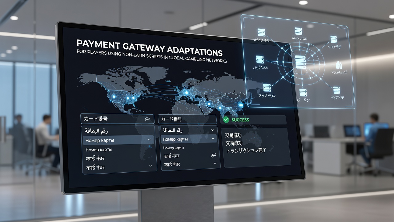 Global team reviewing payment gateway code for non-Latin script compatibility in a modern office setting