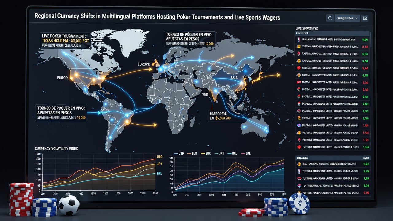Live sports betting dashboard with regional currency selectors and multilingual support elements