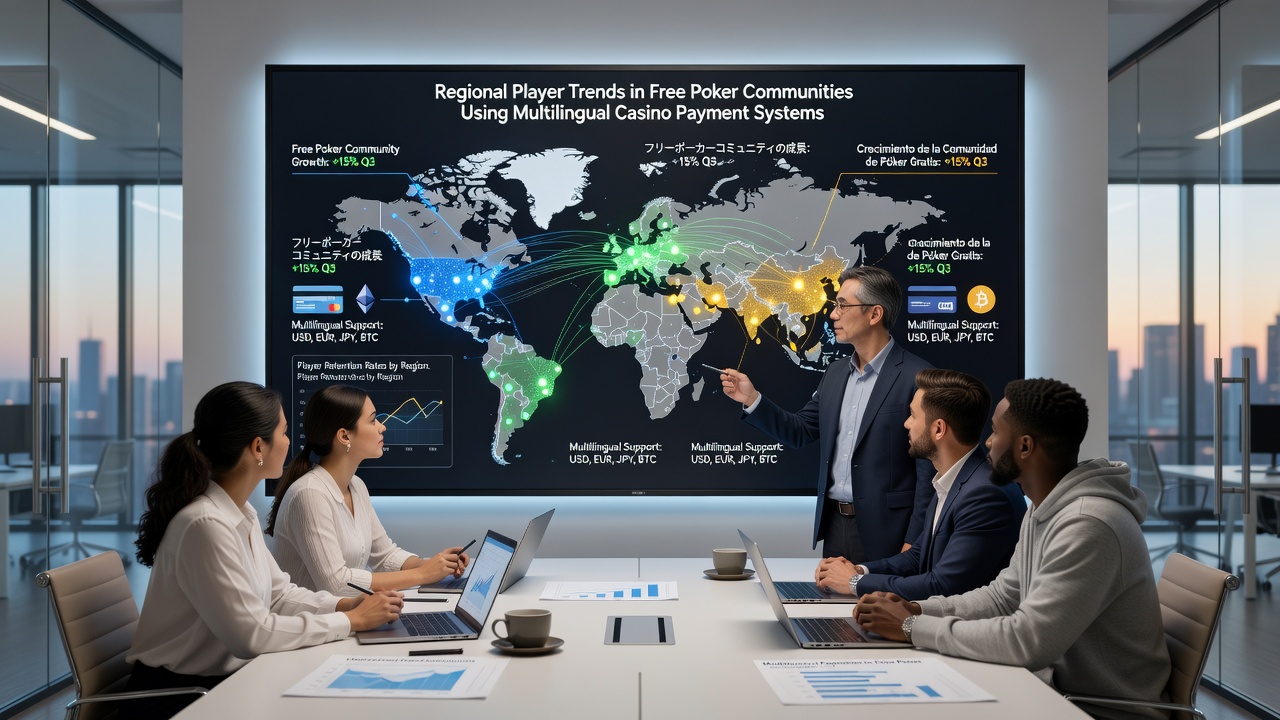 Diverse group of online poker enthusiasts reviewing payment options on a multilingual casino interface during a community event
